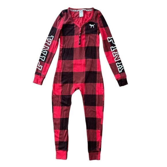 VS PINK Thermal Onesie Loungewear Buffalo Plaid Sequin Red Black Size Medium - Picture 5 of 7